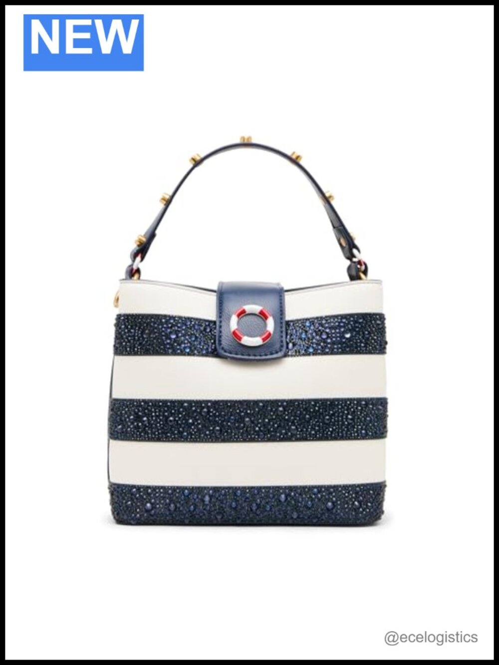 Faux Leather Rhinestone Stripe Bucket Bag with Crossbody Strap